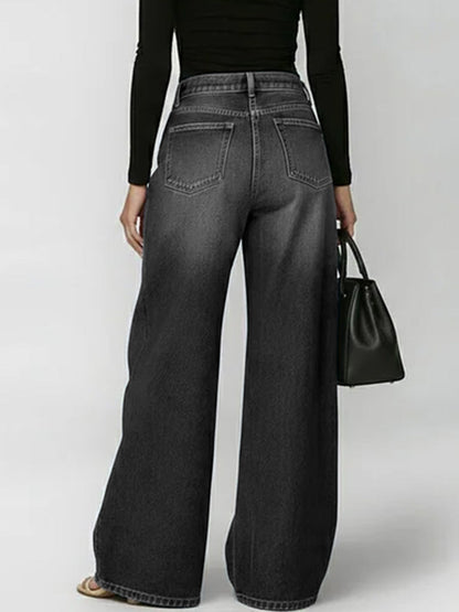 Split-Joint Pockets Hollow Geometric Buttoned Wide Leg Loose Jean Pants Bottoms