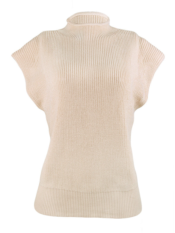 Casual Cap Sleeve Solid Color High-Neck Sweater Tops Pullovers