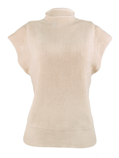 Casual Cap Sleeve Solid Color High-Neck Sweater Tops Pullovers