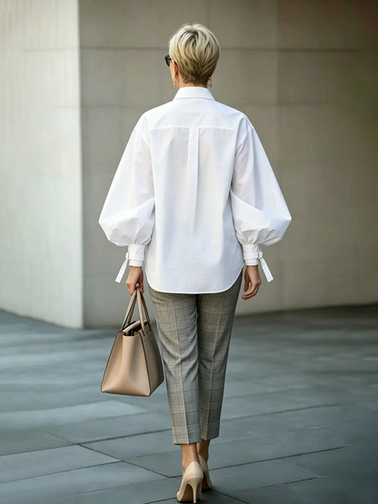 Long Sleeves Loose Buttoned Solid Color Tied Lapel Blouses&Shirts Tops
