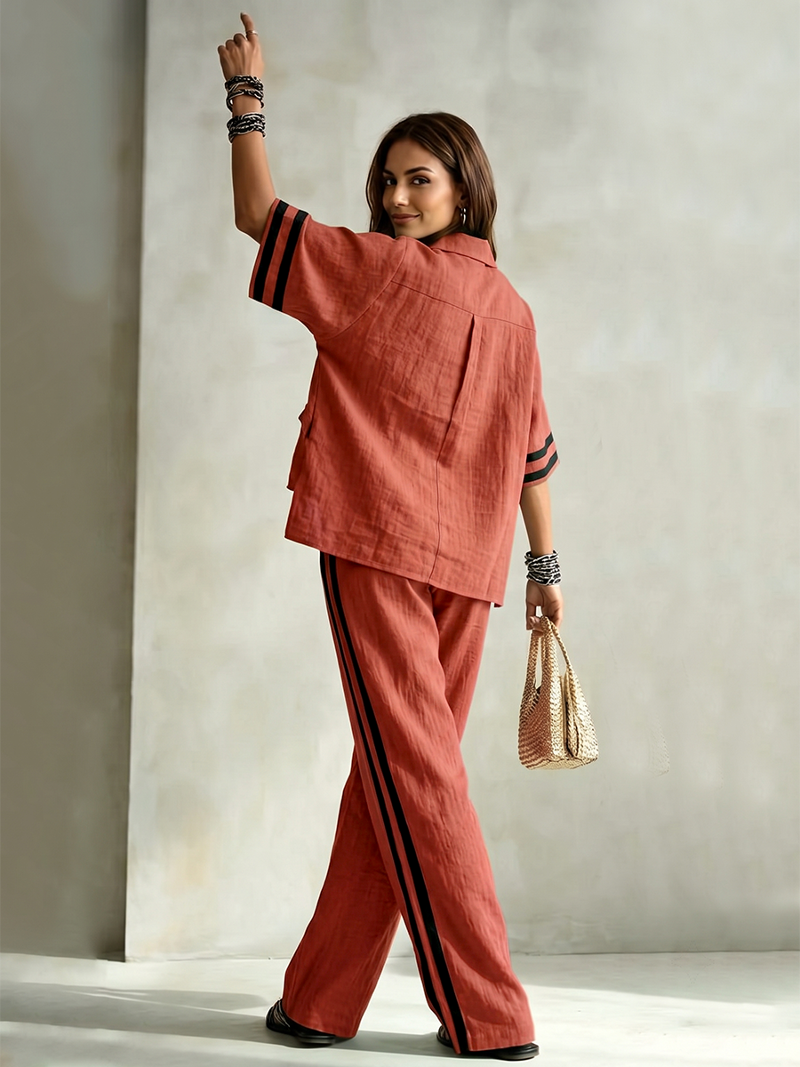 Striped Split-side Contrast Color Buttoned Loose High-low Lapel Blouses&shirts Tops