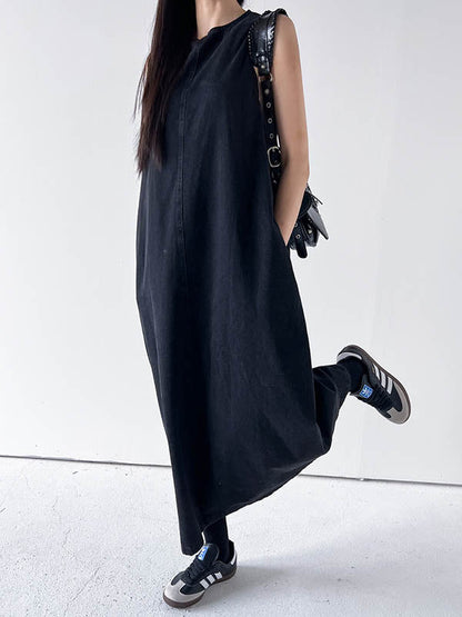 A-Line Loose Pockets Solid Color Tied Round-Neck Maxi Dresses