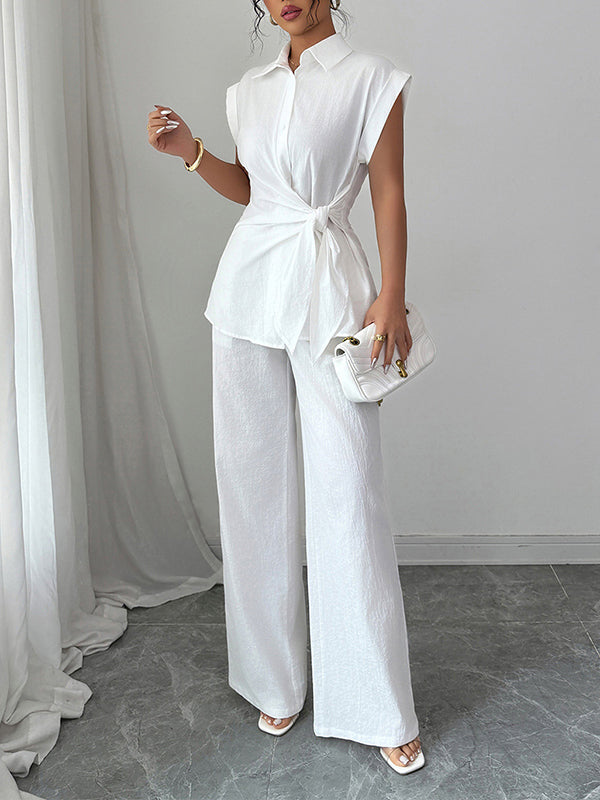 Short Sleeves Buttoned Solid Color Tied Lapel T-Shirt Top + Pockets Pants Bottom Two Pieces Set