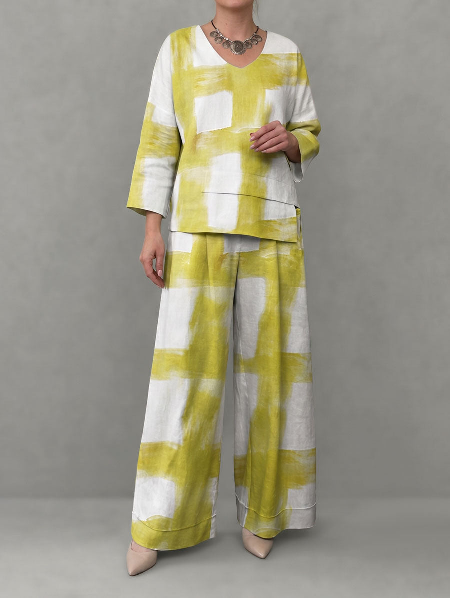 Contrast Color Printed V-Neck Long Sleeves Asymmetric Blouses&Shirts Tops + High Waisted Pockets Pants Trousers Two Pieces Set
