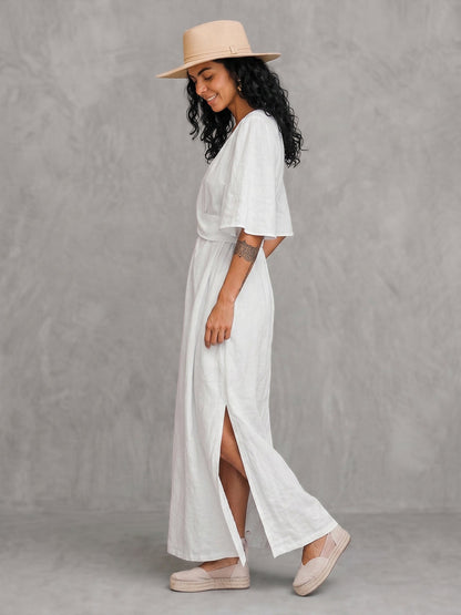A-Line Flared Sleeves Interlace Pleated Pockets Solid Color Split-Joint Split-Side Deep V-Neck Maxi Dresses