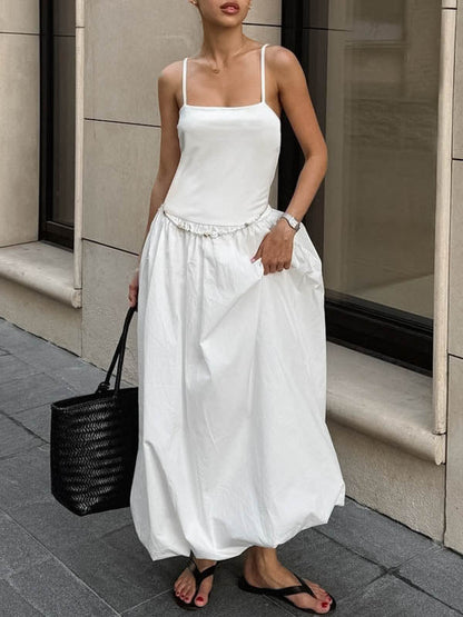 Loose Sleeveless Pleated Solid Color Split-Joint Spaghetti-Neck Midi Dresses