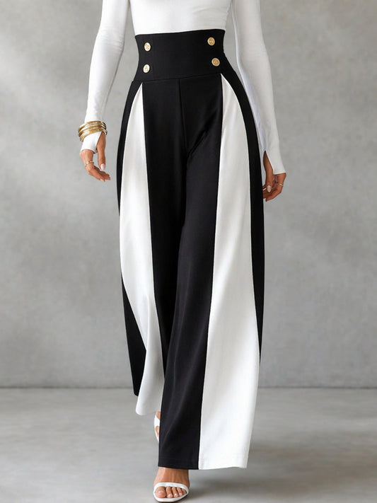 High Waisted Wide Leg Buttoned Contrast Color Split-Joint Pants Trousers