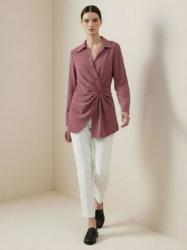 Long Sleeves Wrap Asymmetric Knot Pleated Lapel Blouses&Shirts Tops