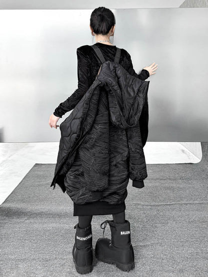 High-Low Irregularity Abstract Printed Contrast Color Split-Joint Zipper Hooded Outerwear Overcoat