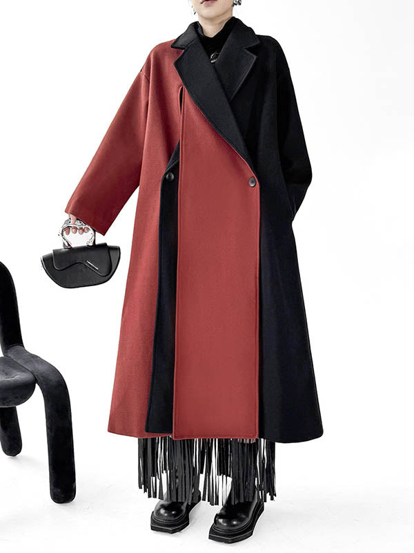 Irregularity Long Sleeves Buttoned Contrast Color Double-Breasted Split-Joint Tasseled Notched Collar Outerwear Overcoat