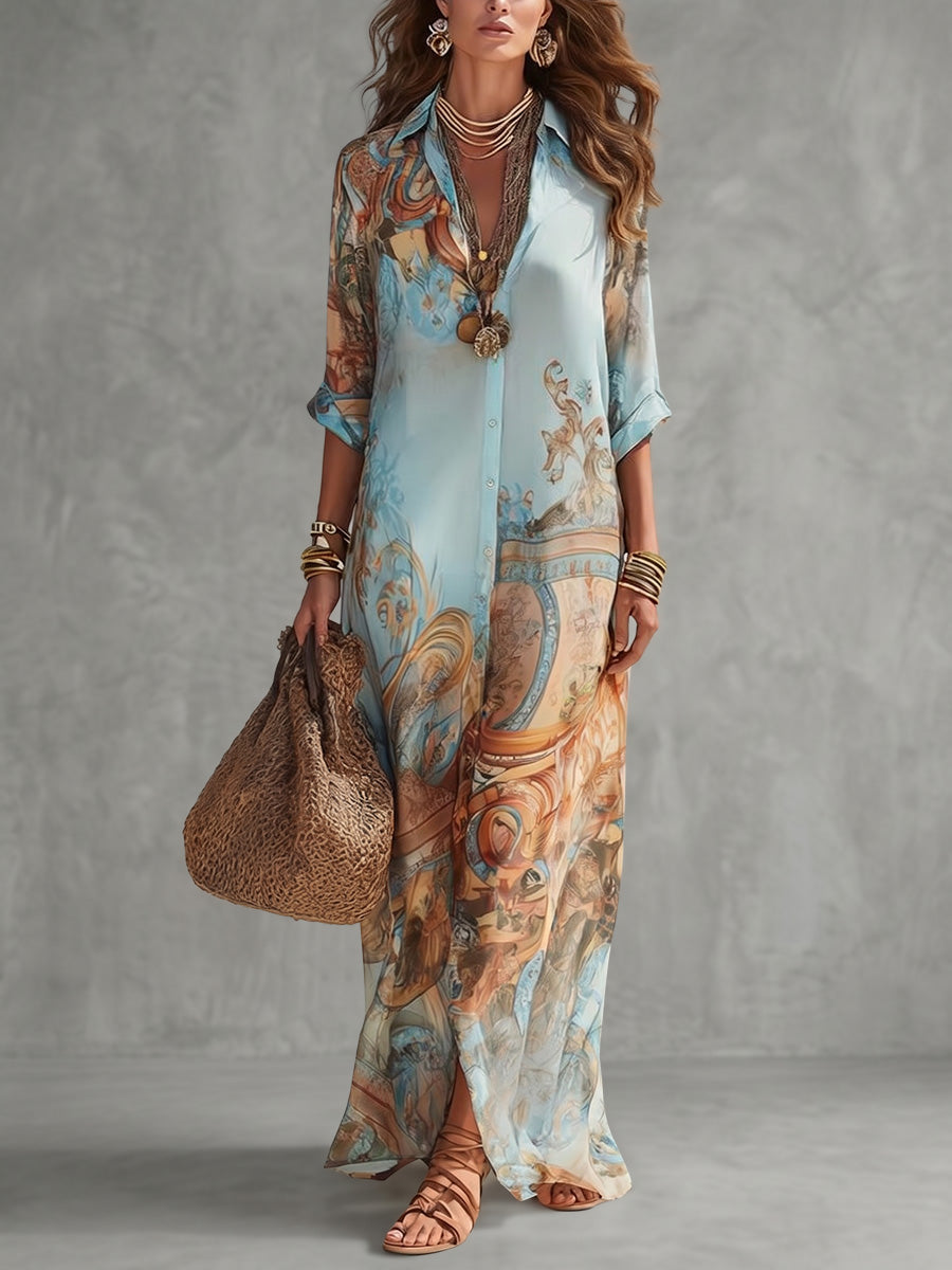 Long Sleeves Loose Buttoned Contrast Color Printed Lapel Maxi Dresses Shirt Dress
