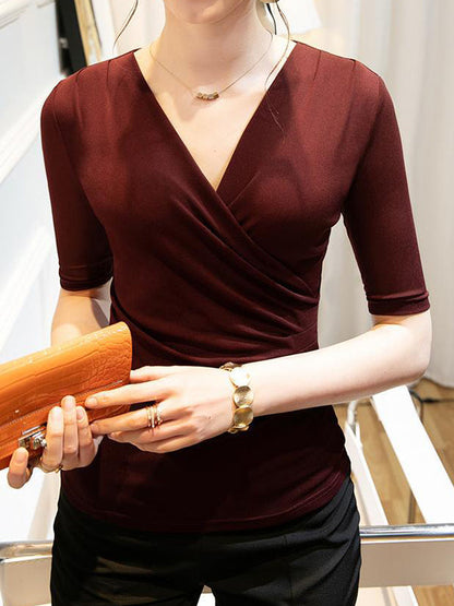 Half Sleeves Skinny Pleated Solid Color V-Neck T-Shirts Tops