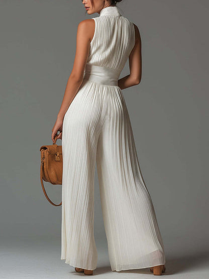 High Waisted Sleeveless Pleated Solid Color Zipper V-Neck Jumpsuits