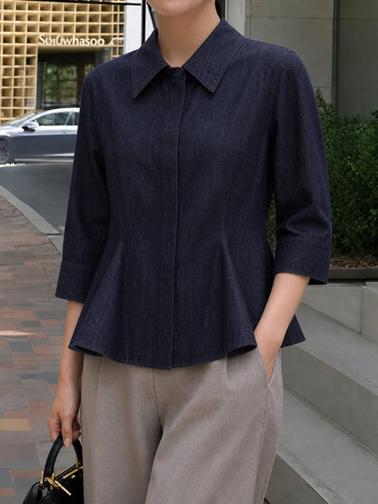 Solid Color Pleated Buttoned Long Sleeves Lapel Blouses&shirts Tops