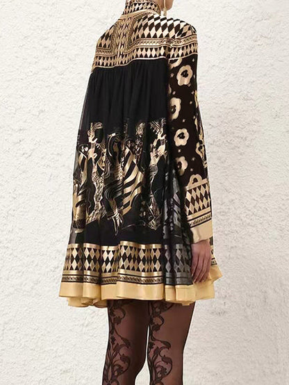 A-Line Long Sleeves Bronzing Printed Split-Joint Mock Neck Mini Dresses