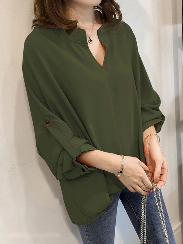 Casual Long Sleeves Loose Solid Color V-Neck Blouses&Shirts Tops
