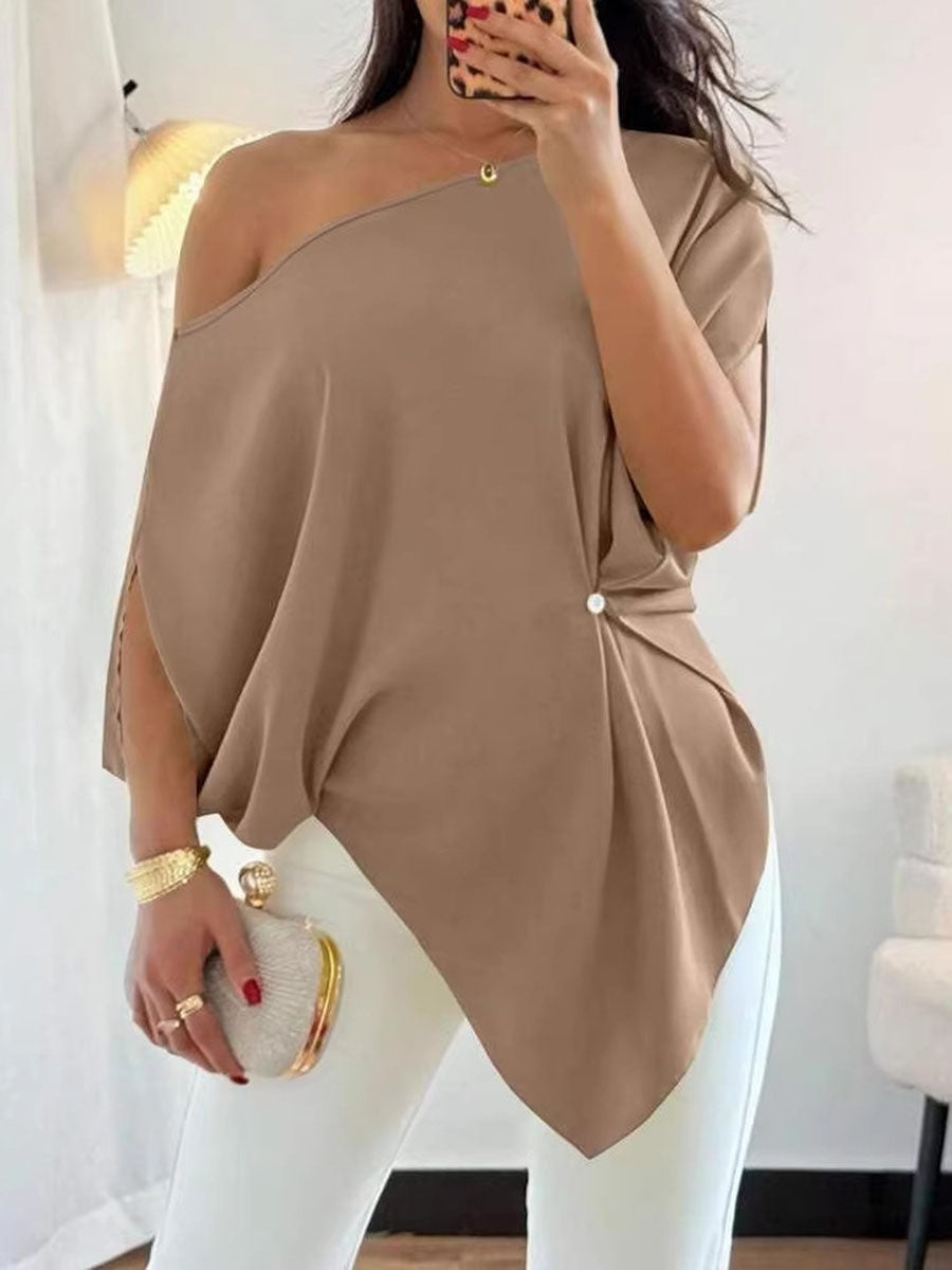 Batwing Sleeves Loose Asymmetric Knot Solid Color One-Shoulder Blouses&Shirts Tops