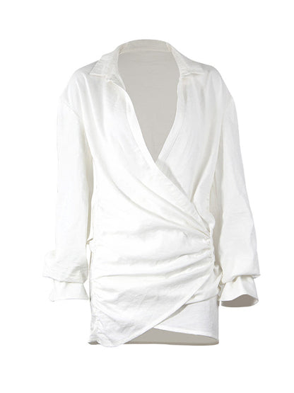 Bodycon Long Sleeves Pleated Solid Color Deep V-Neck Mini Dresses Shirt Dress