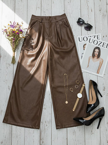 High Waisted Leather-Like Wide Leg Pants