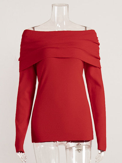 Long Sleeves Loose Solid Color Off-The-Shoulder Pullovers Sweater Tops