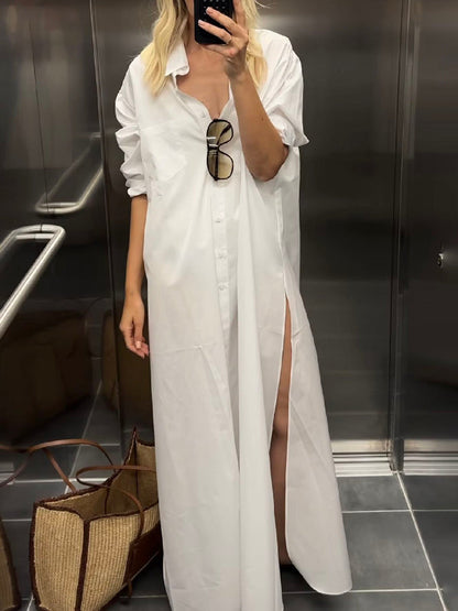 Long Sleeves Loose Buttoned Solid Color Split-Side Lapel Maxi Shirt Dress
