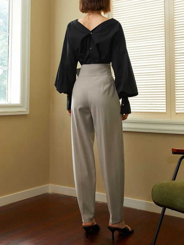 High Waisted Buttoned Pleated Pockets Solid Color Pants Trousers
