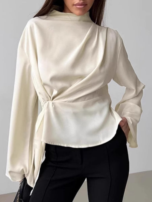 Flared Sleeves Long Sleeves Pleated Solid Color Zipper Stand Collar Blouses&Shirts Tops