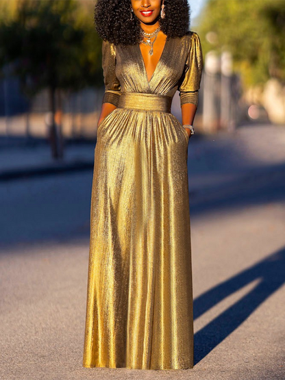 Half Sleeves Puff Sleeves Shiny Solid Color Deep V-Neck Maxi Dresses