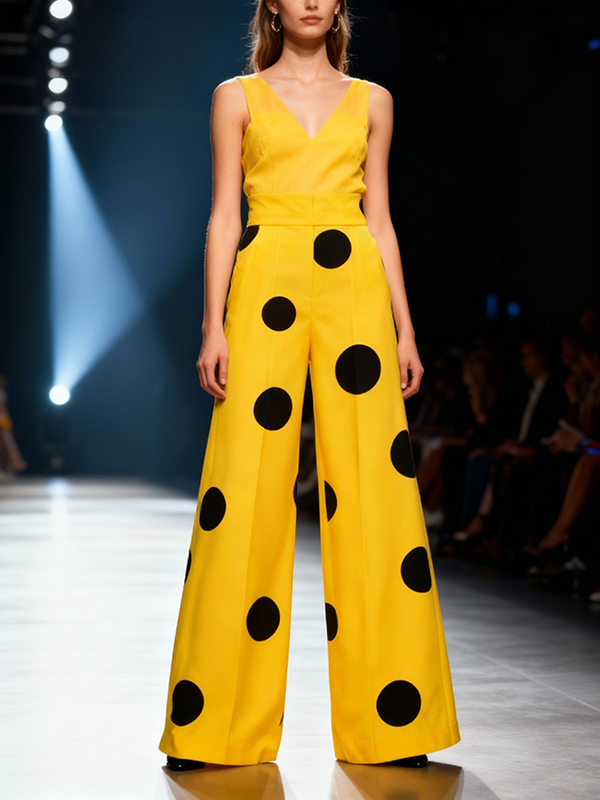 Elasticated Waist High Waisted Contrast Color Polka-Dot Split-Joint Pants