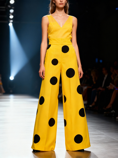 Elasticated Waist High Waisted Contrast Color Polka-Dot Split-Joint Pants