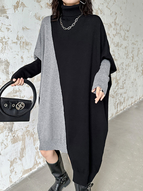 Batwing Sleeves Hipster Asymmetric Contrast Color Split-Joint High-Neck Midi Dresses Sweater Dresses