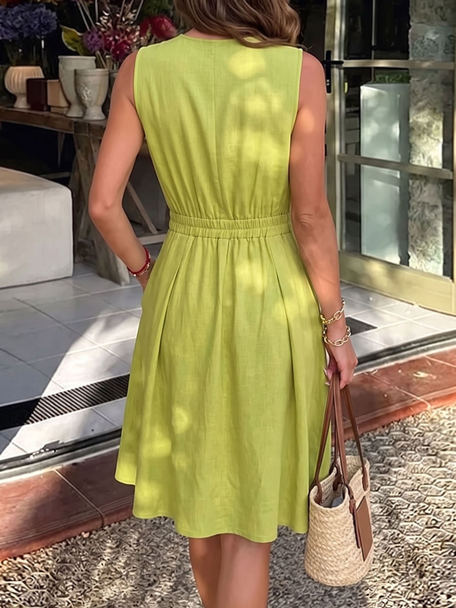 Zipper Solid Color Pockets Pleated Sleeveless A-Line Round-Neck Mini Dresses