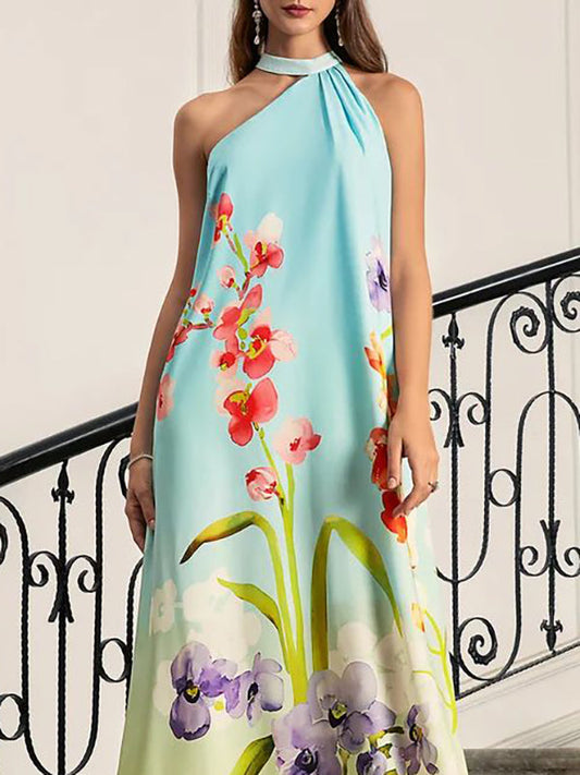 Loose Sleeveless Flower Print Pleated Halter-Neck Maxi Dresses