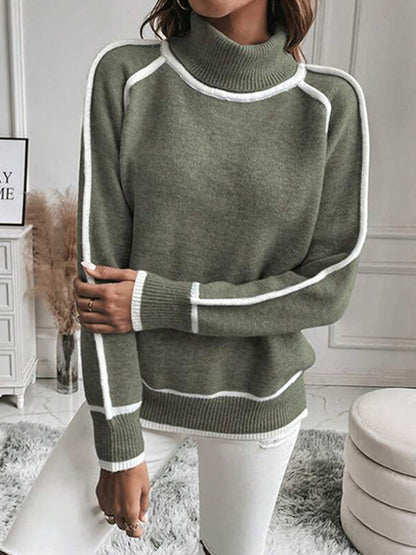 Long Sleeves Loose Contrast Color Split-Joint High Neck Sweater Tops