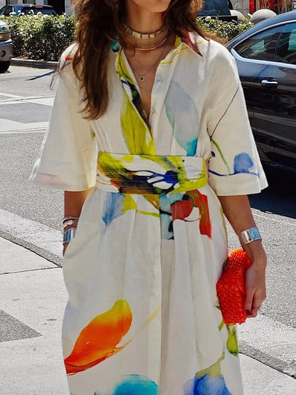 Robe chemise longue ample asymétrique à manches mi-longues, imprimée, fendue, nouée à la taille, à revers 