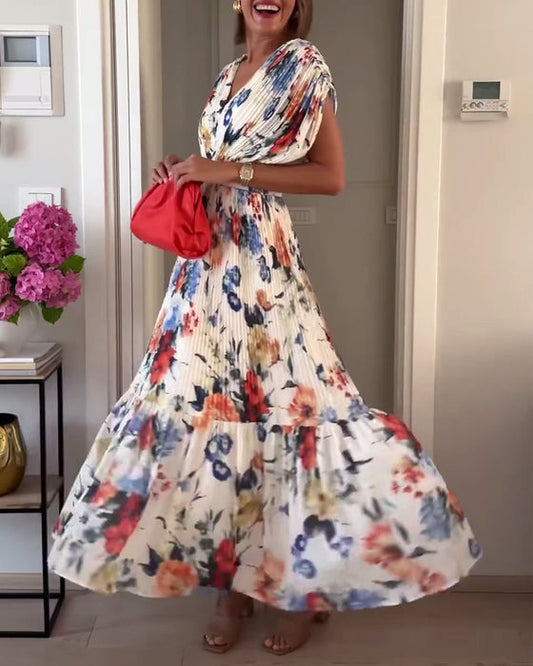 Colorful floral print pleated dress