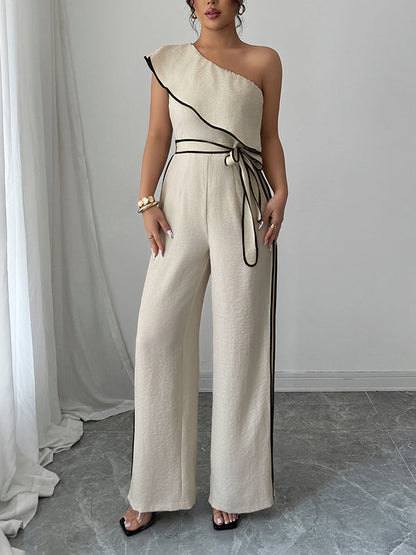 High Waisted Wide Leg Elasticity Tied Waist One-Shoulder Jumpsuits