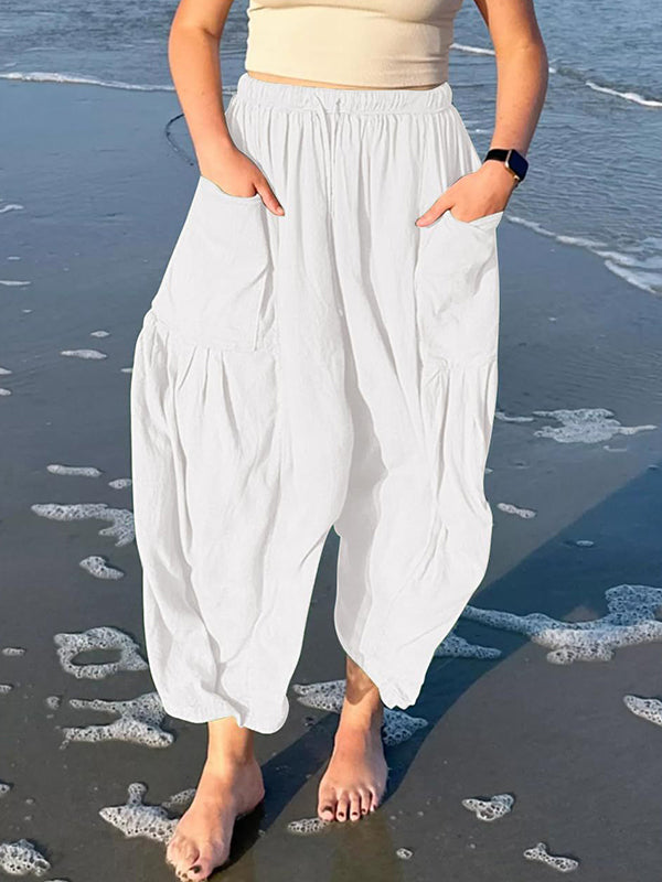 Pantalon taille haute ample avec cordon de serrage et poches plissées, couleur unie 