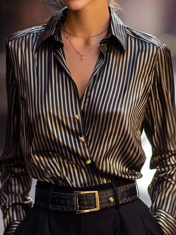Long Sleeves Loose Buttoned Contrast Color Striped Lapel Blouses&Shirts Tops