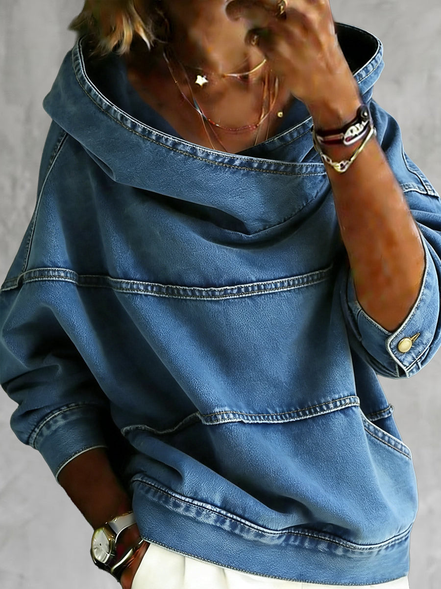 Split-Joint Solid Color Pockets Loose Long Sleeves Hooded Hoodies&sweatshirt Tops