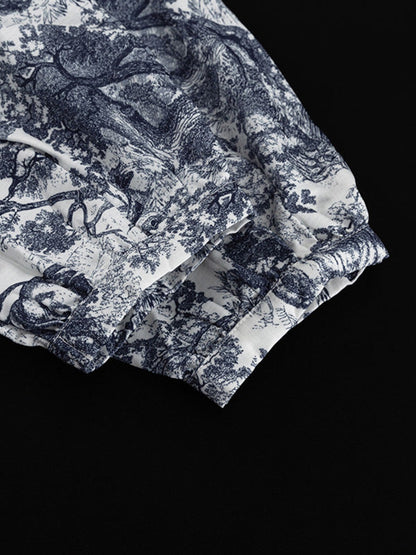 Loose Puff Sleeves Pleated Printed Split-Joint Tied Waist Lapel Mini Dresses Shirt Dress