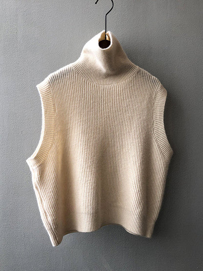 Casual Loose Sleeveless Solid Color High-Neck Sweater Vest Outerwear