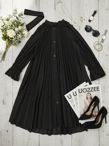 Flared Sleeves Long Sleeves Buttoned Ruffled Solid Color Tied Waist Stand Collar Midi Dresses