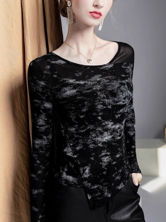 Irregularity Long Sleeves Asymmetric Graffiti Printed Mesh Split-Joint Round-Neck T-Shirts Tops