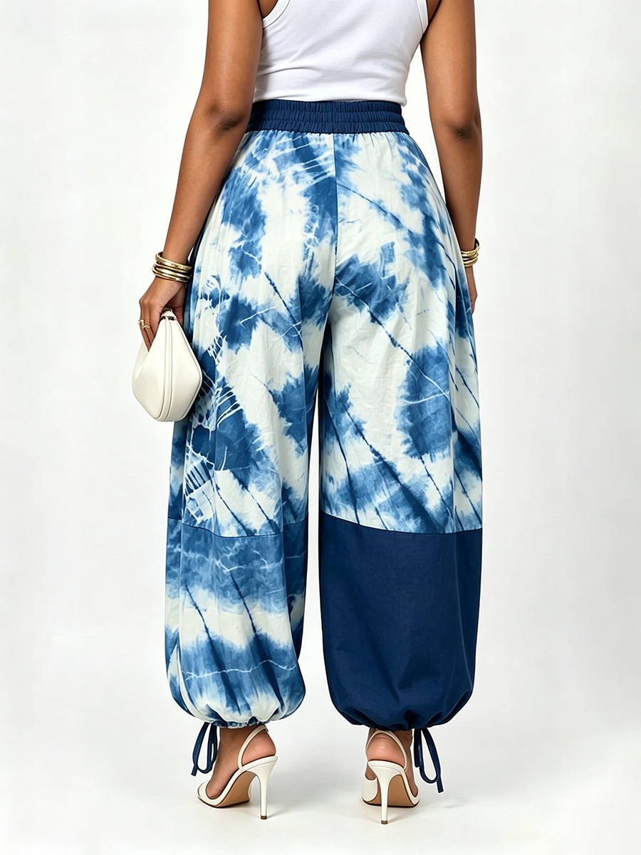 Split-Joint Printed Contrast Color High Waisted Trousers Ankle-Tied Pants