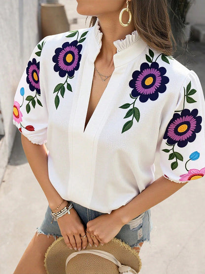 Loose Puff Sleeves Contrast Color Flower Print Ruffle Trim Stand Collar Blouses&Shirts Tops