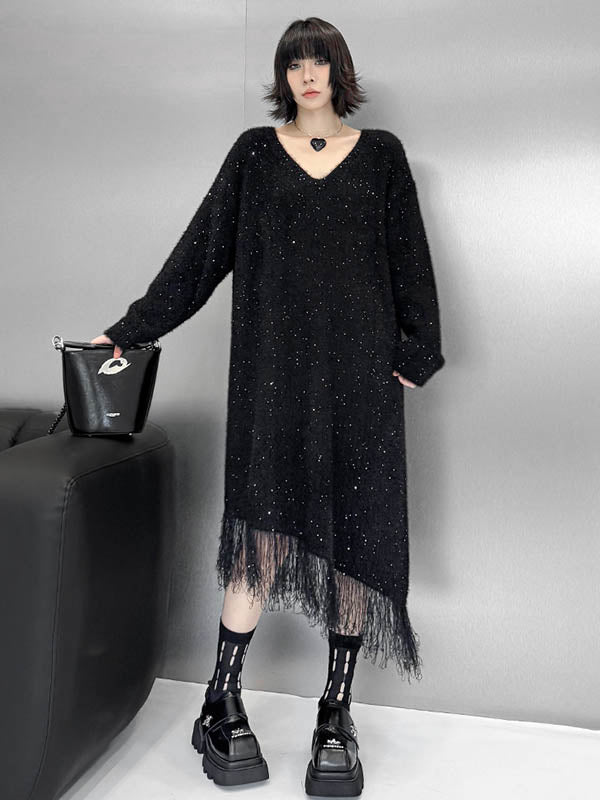 Irregularity Long Sleeves Contrast Color Sequined Shiny Split-Joint Tasseled V-Neck Midi Dresses Sweater Dresses