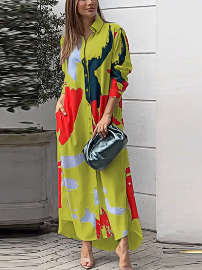 Printed Pockets Buttoned Loose Long Sleeves Lapel Shirt Dress Maxi Dresses