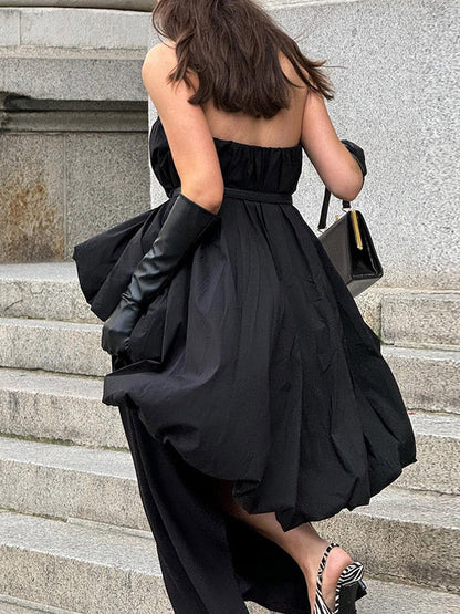 High-Low Sleeveless Elasticity Pleated Solid Color Split-Joint Tube Blouses&Shirts Tops