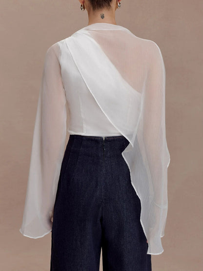 Cape Wrap Asymmetric See-Through Solid Color Split-Joint Round-Neck Blouses&Shirts Tops
